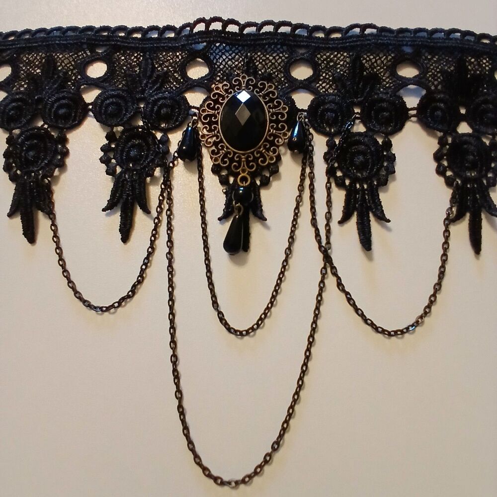 Gothic Vampire Core Black Lace Choker – Filigree Cameo & Teardrop Bead Draping - Picture 5 of 7